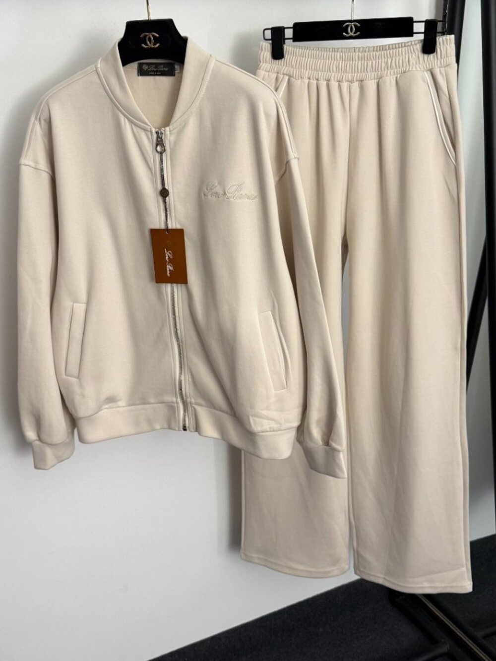 Loro Piana Cream Zip‑Up Jacket & Wide Leg Pants Tracksuit Set